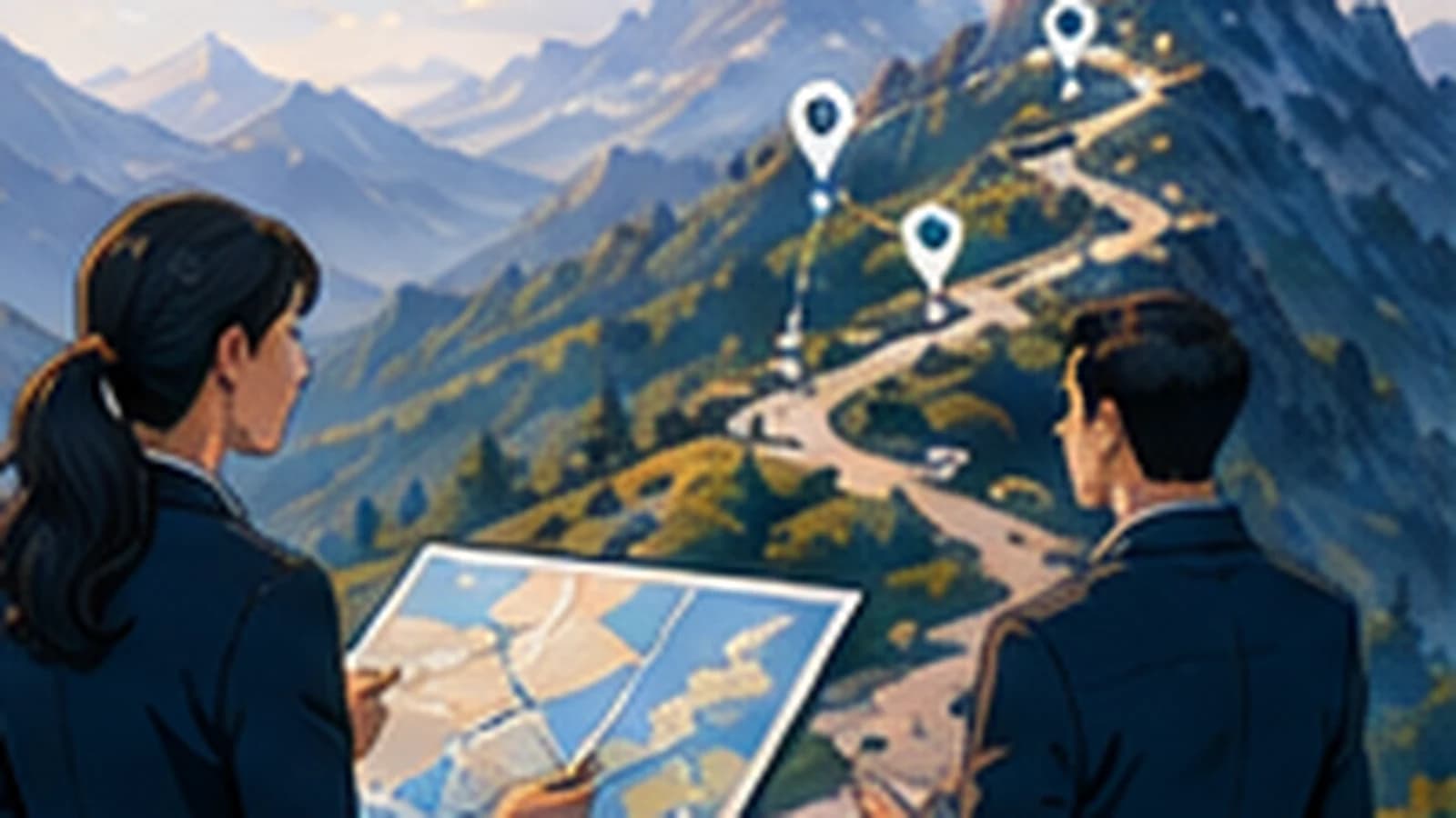 Advisors reviewing a route through the mountains, representing strategic clarity and guidance